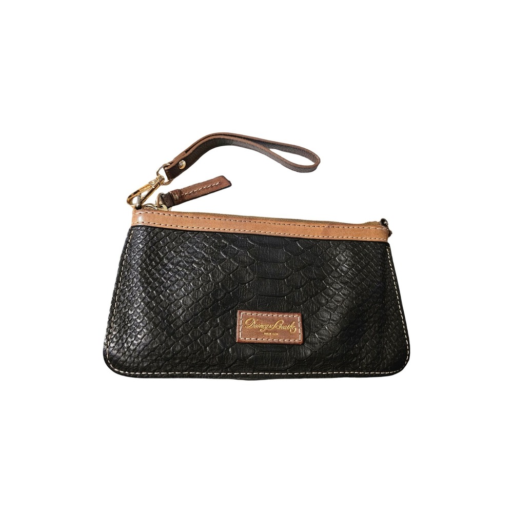 Dooney & Bourke Black Snakeskin Embossed Leather Wristlet Clutch Tan Trim